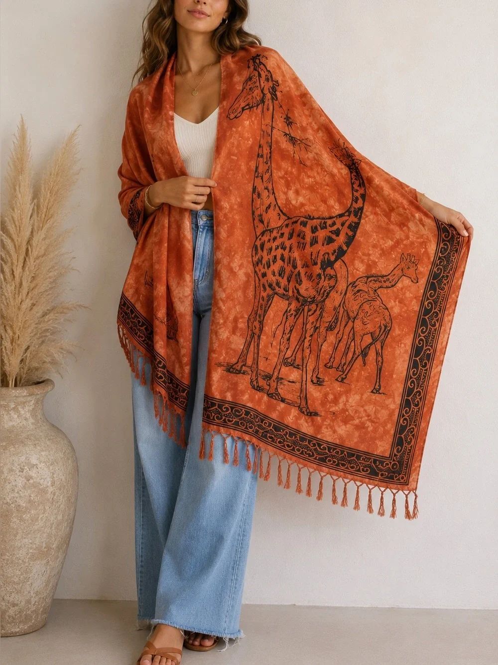 NY Design Giraffe Safari Print Fringe Wrap Shawl Scarf Rust 45.5x82 Boho